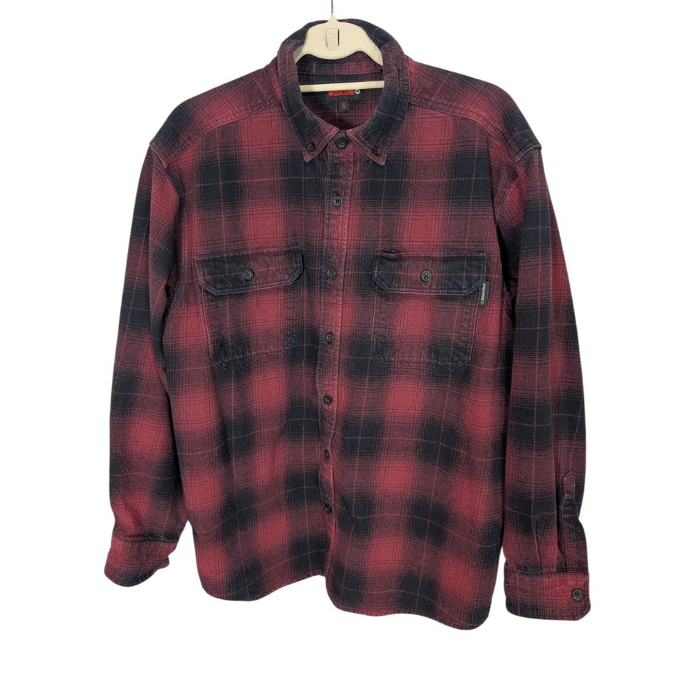 Wolverine Mens XL Red Black Plaid Flannel Button Down Shirt 100% Cotton Workwear